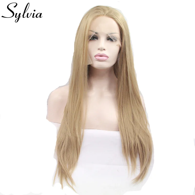 Sylvia 24 # цвет шелковистые прямые синтетические кружева спереди парики натуральная блондинка Glueless жаропрочных волокна волос для белой