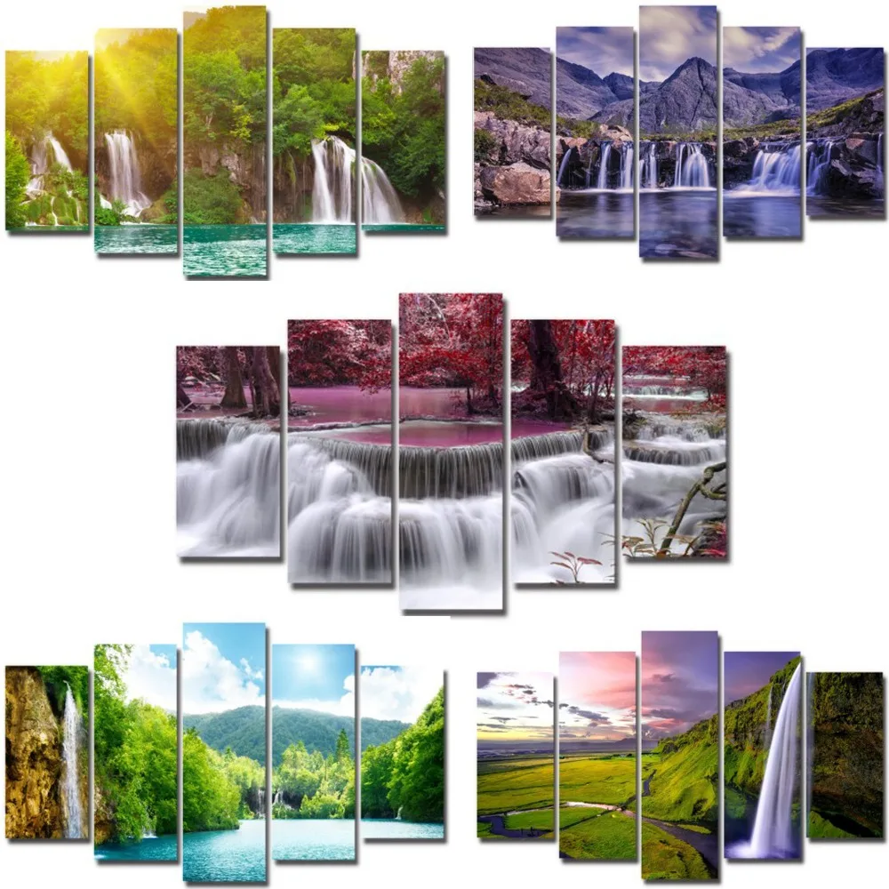 

5 panels canvas painting tropical waterfall nature set wall mural picture printing artwork framed for living room ready to hang