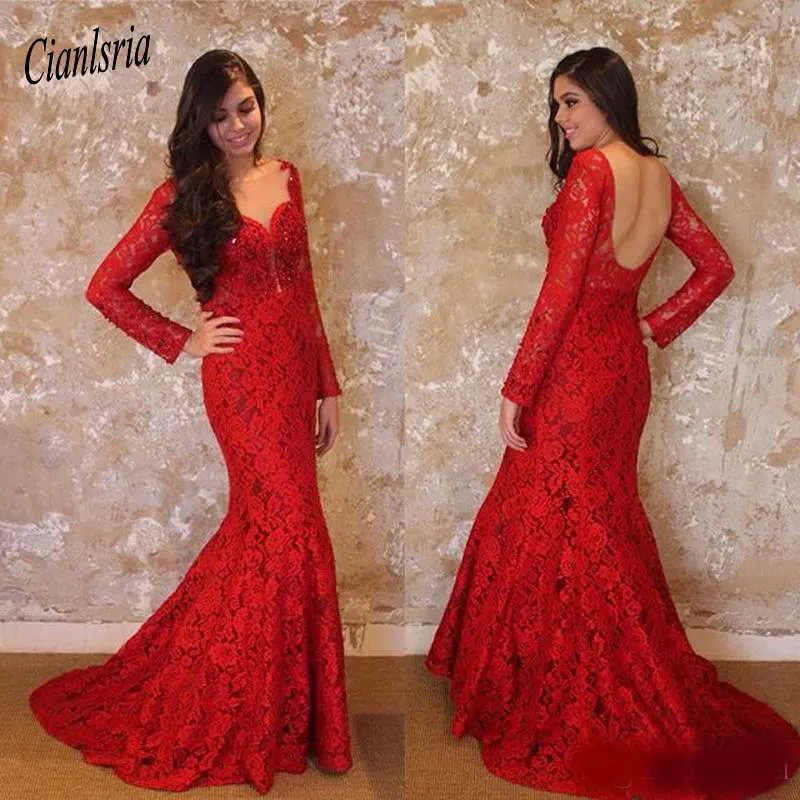 Mermid красного цвета с длинными рукавами вечернее платье Кружева Prom Dress Mermaid вечернее платье с v-образным вырезом, вечерние платья