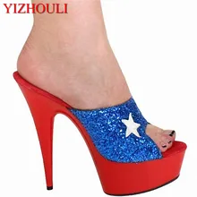 Пикантные великолепные синие блестящие тапочки со звездами 15 см; женские босоножки; популярные женские туфли для танцев на высоком каблуке 6 дюймов с металлическим цветом