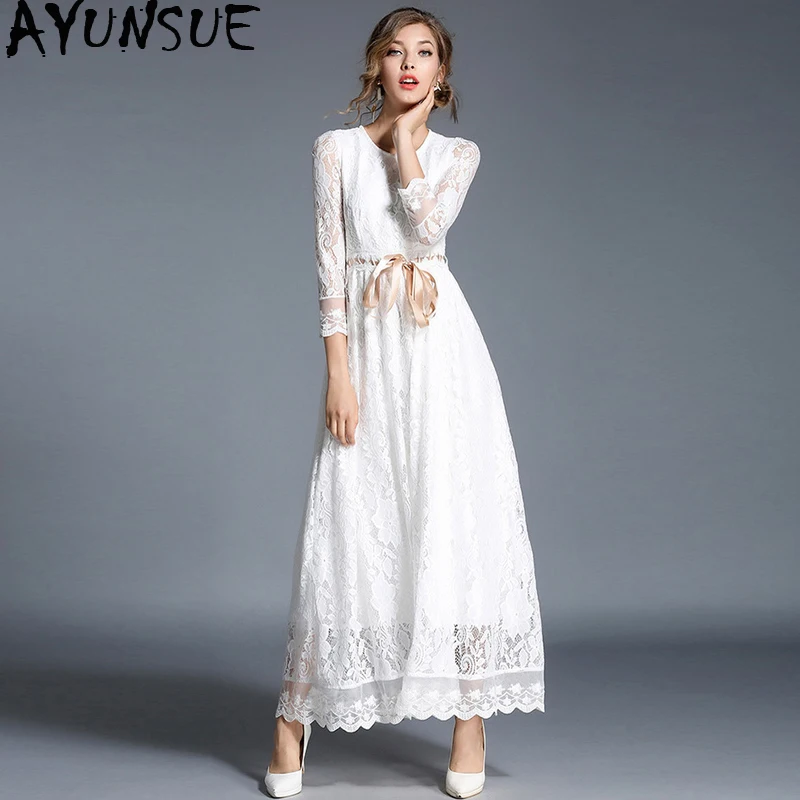 

AYUNSUE Women Summer Dress 2019 White Lace Long Dress Elegant Party Maxi Dresses for Women Vestido De Festa Longo 9417 KJ2562