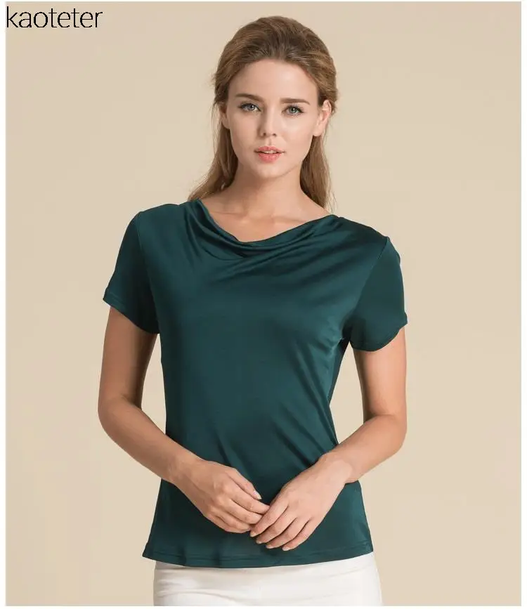 Женские футболки из чистого шелка, женские рубашки с воротником-хомутом, женские топы с коротким рукавом, Женская Повседневная футболка, женские футболки - Цвет: dark green