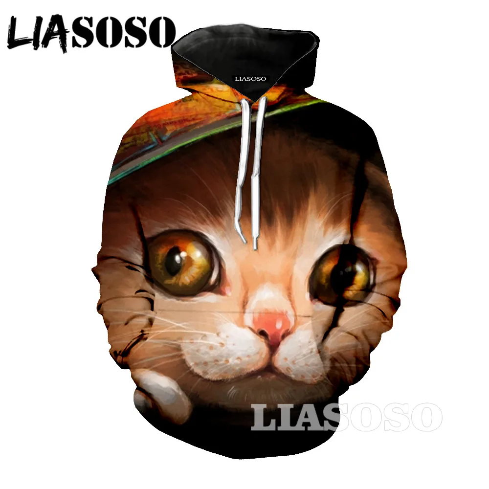 LIASOSO милые толстовки с рисунком кота 3d Толстовка для женщин и мужчин Kawaii черные