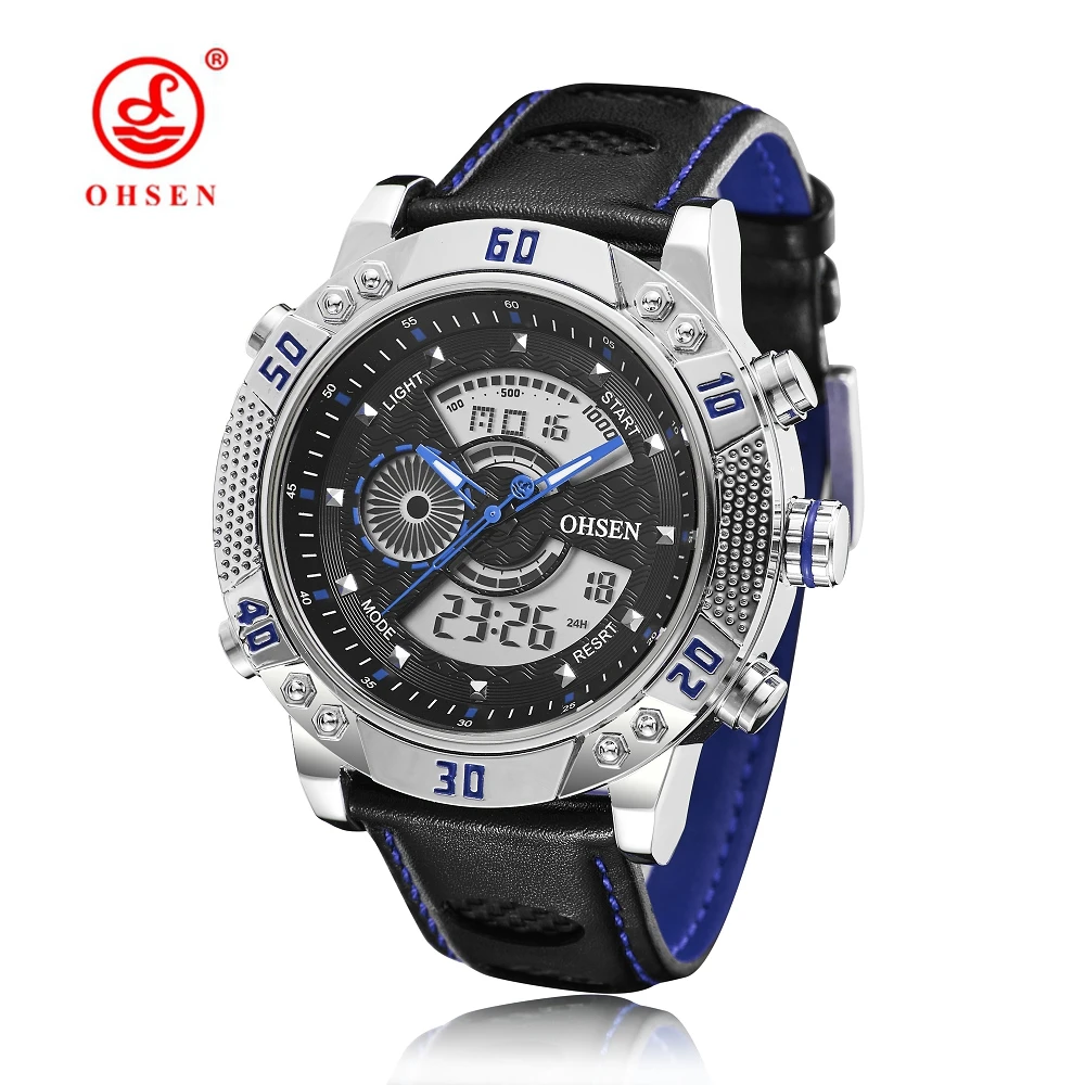 2016 Men s Quartz Digital Watch Men Sports Watches Relogio Masculino Relojes OHSEN AD1609 Leather Strap
