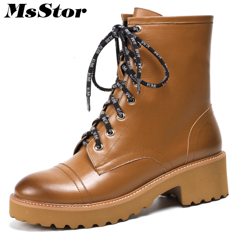

MsStor Round Toe Square heel Women Boots Fashion Lace Up Zipper Ankle Boots Women Shoes Leather Med Heel Boot Shoes For Woman