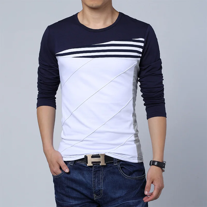 

Spring Autumn Men's Casual O Neck Slim Fit T-shirt Mens 2018 Fashion Patchwork Long Sleeve T Shirt Men Striped Tops Tees M-3XL