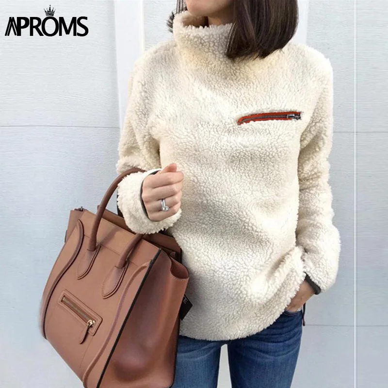 Aproms Soft Teddy Turtleneck Hoodies Women Casual Solid Zipper Sweatshirt...