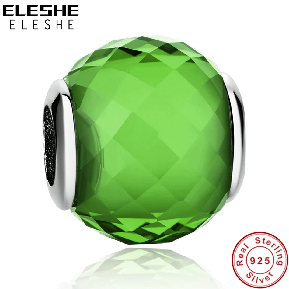 

High Quality 925 Sterling Silver Green Crystal European Murano Glass Beads Fit Original ELESHE Charm Bracelet Bangles Jewelry