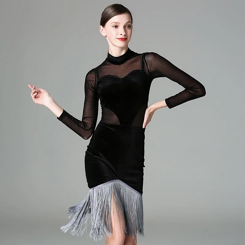 С Черной Бахромой прозрачный латинские танцы платье женщины танго платье латина Одежда для танцев современная Женская Танцевальный