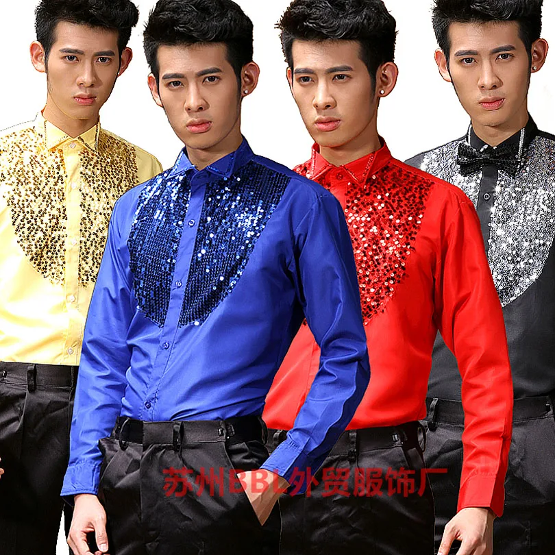 New Arrival 2016 Men Stage Performance Dance Host Sequins Shirts Male