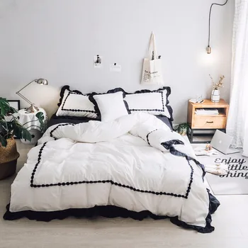 

Luxury washed Cotton Black lace Luxury Bedding set Korean style 4/6pcs Bed set King Queen Size Duvet cover Bedsheet set