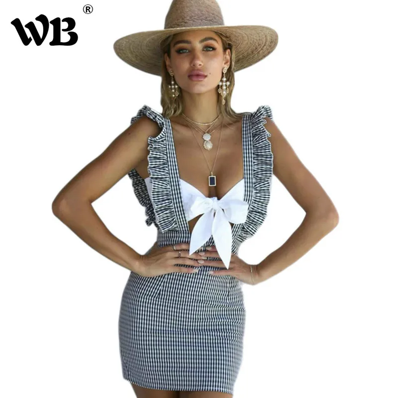 

Spring Casual New Girl Fashion Black White Plaid Dress 2018 Sexy Lace Up Backless All-match Summer Mini Dresses For Women