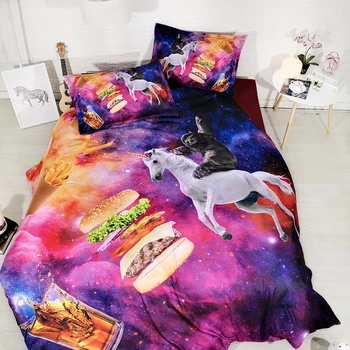 

JF-533 kids juniors bedding 4pcs colorful galaxy bed sheets with sloth riding white unicorn duvet cover set single full queen