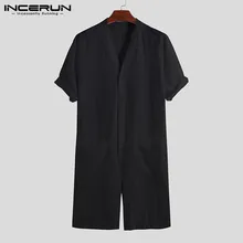 INCERUN мужской Комбинезон хлопковый комбинезон на застежке вверх Карманы Твердые свободные широкие брюки пляжный костюм мужские комбинезоны S-5XL