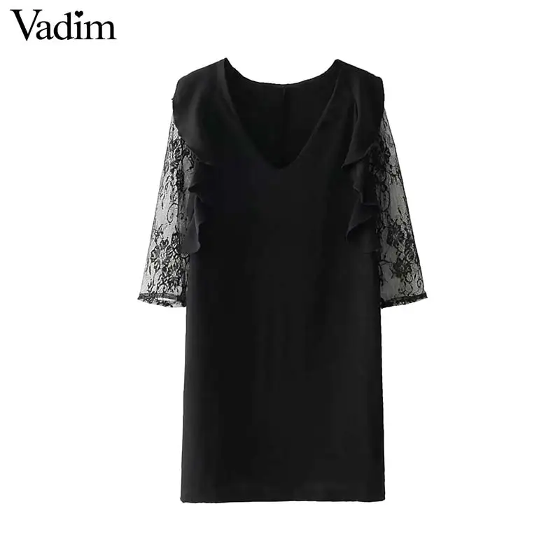 

Vadim elegant v neck ruffled straight dress lace patchwork sleeve Vestidos femininos black streetwear mini chic dresses QZ3462