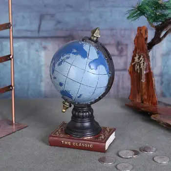 

Vintage Resin Globe Saving Pot Piggy Bank Ornament Desktop Decor(Blue/S)