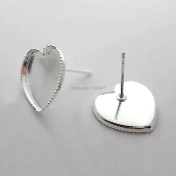 

Blank Stud Earrings Bases with 10mm 12mm 15mm Heart Bezel Cabochons Settings Silver Plated Brass Jewelry Making DIY Findings