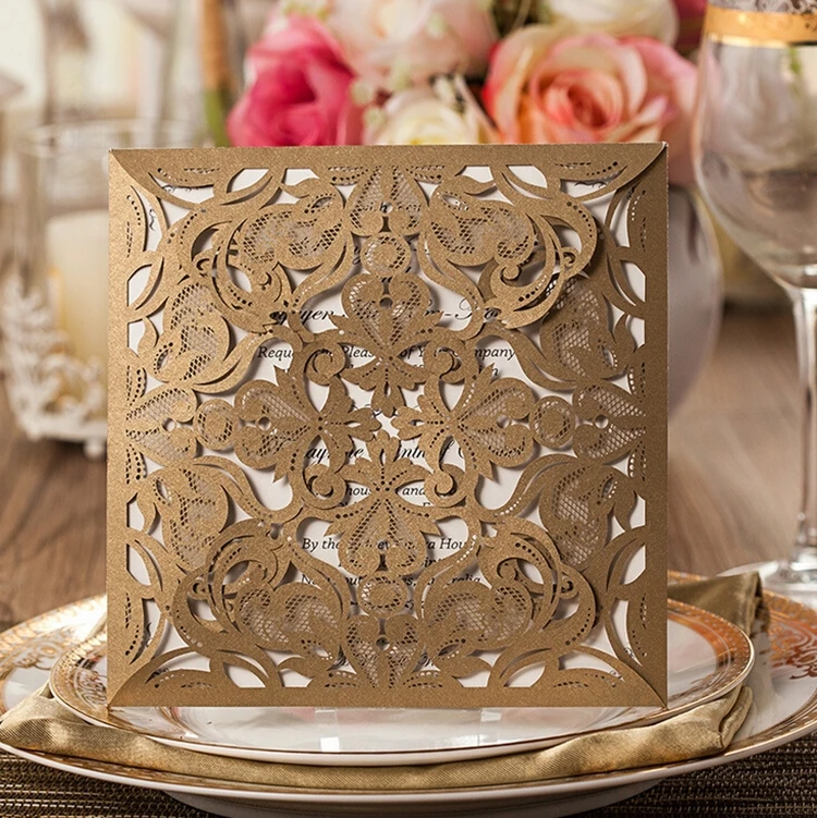 

50pcs Wishmade Gold Flowers Hollow Wedding Invitations With Laser Cutting 155*155mm Free Printing Wedding Cards CW519_GO