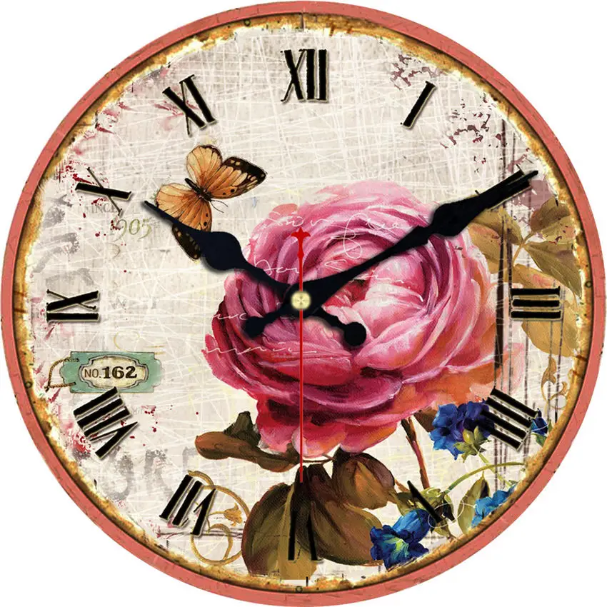 Настенные часы с подсолнухами, римские часы с деревянным каркасом, часы в средиземноморском стиле для домашнего декора, винтажные часы, не тикающий звук - Цвет: Flower Wall Clock 20