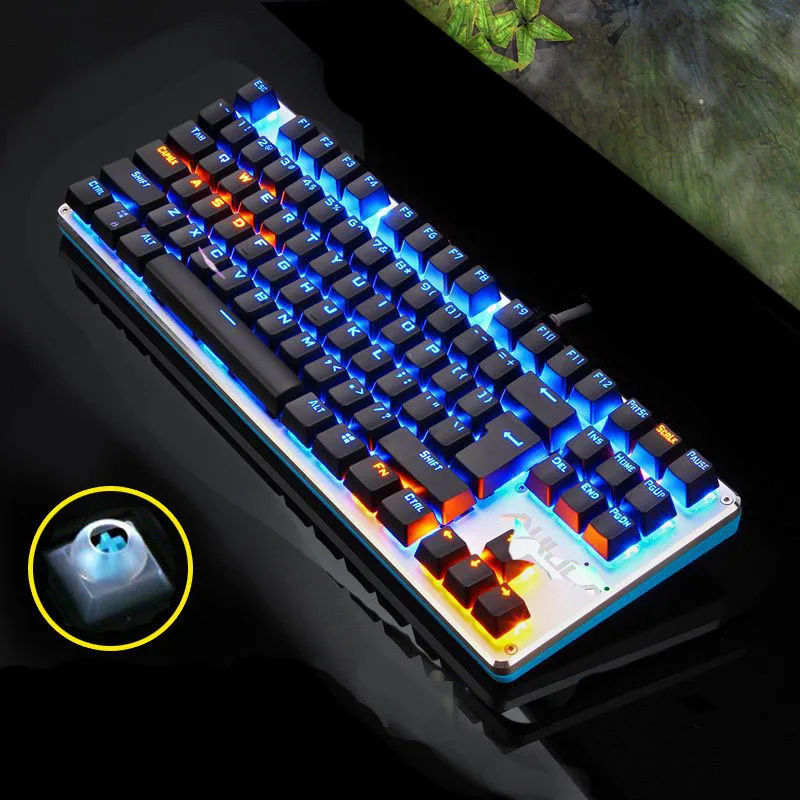 AULA механическая клавиатура, синий переключатель, игровая подсветка, настольный компьютер, игровая Проводная клавиатура, 87/104 клавиш, добавляющая пыль, русская наклейка - Цвет: 87 blue light black