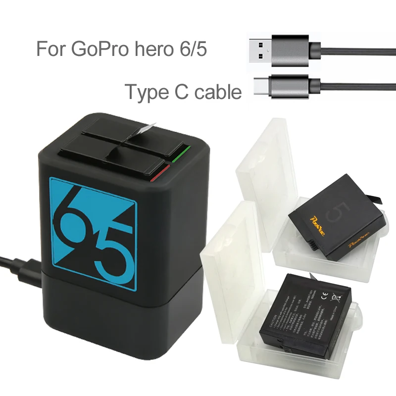 Аккумулятор для камеры 2 слота зарядное устройство GoPro Hero 8 7 6 5 черный с двойным