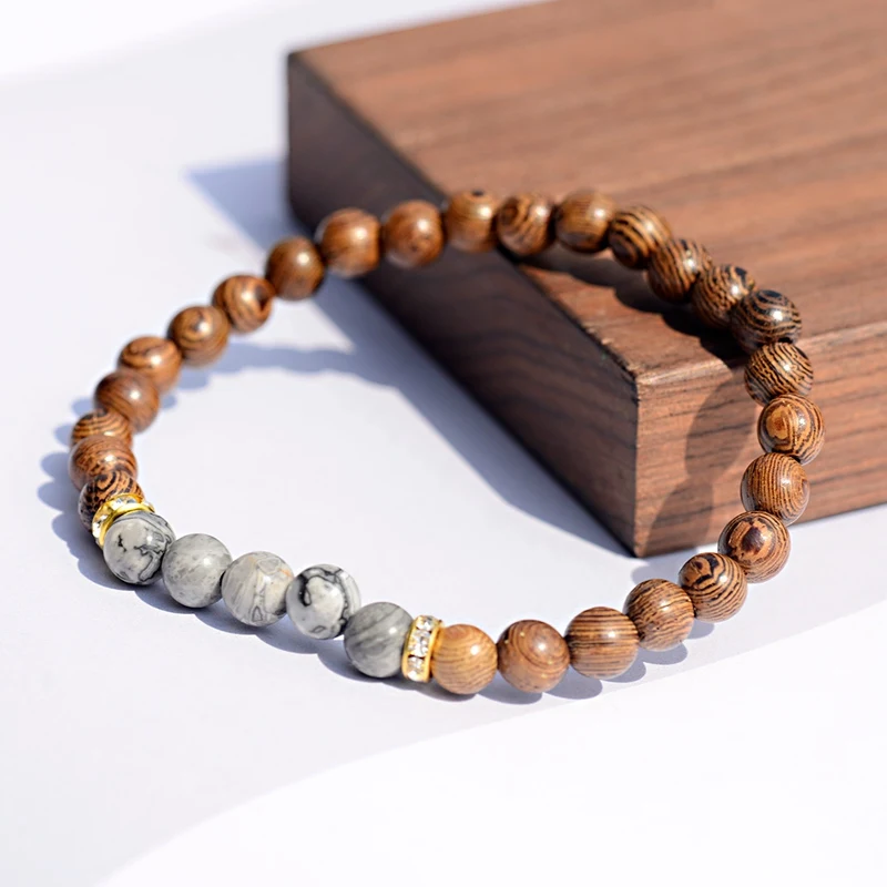 6MM Mode Ethnische Holz Amazon Matt Bead Armband Frauen Charme 2019 Gebet Klassische Onyx Stein Elastische Armband Männer Schmuck