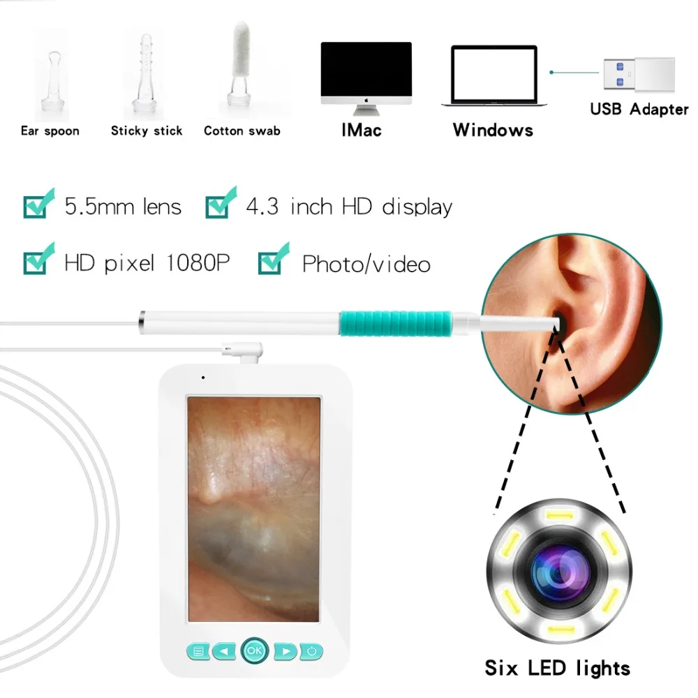 Новейший ушной отоскоп для носа 4,3 дюймов дисплей 1080P визуальная очистка ушей ложка эндоскоп камера с видео/фото запись
