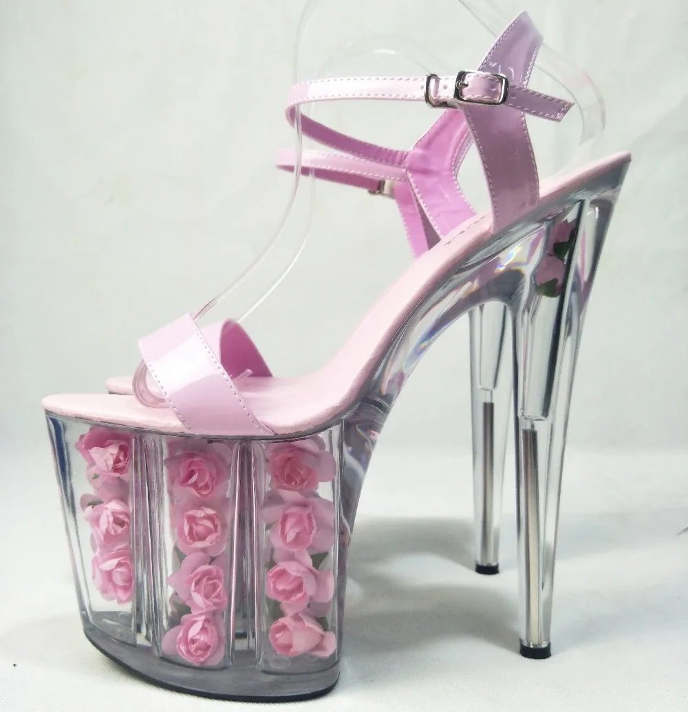 Noble pink roses decorated, transparent sandals, 20cm high heels, wedding sandals