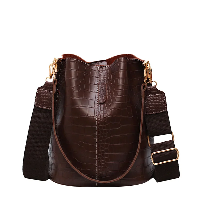 Toposhine роскошная женская сумка-мешок с узором «крокодиловая кожа», новая сумка на плечо с широким плечевым ремнем, Повседневная сумка-мессенджер - Цвет: Coffee
