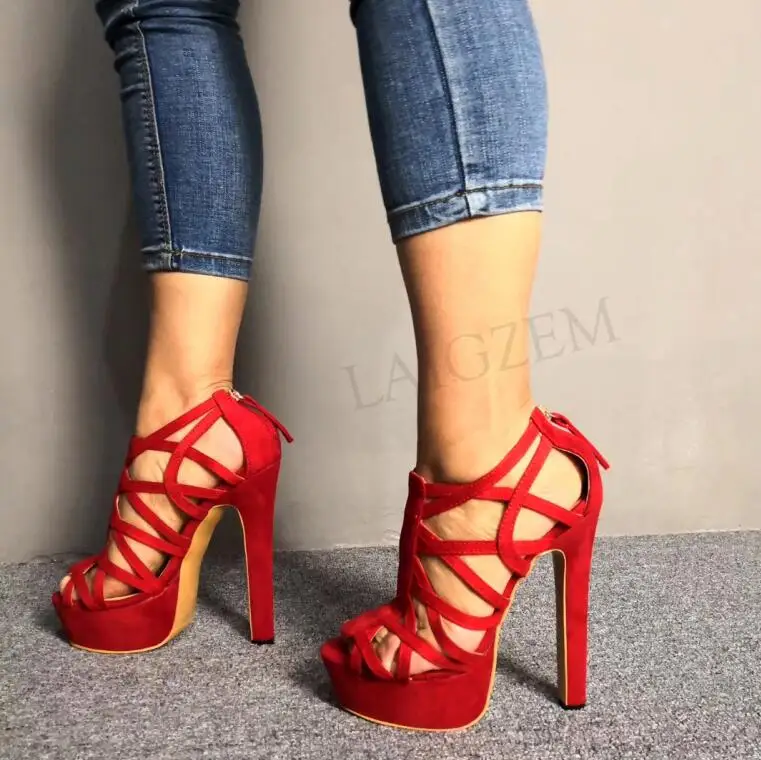 LAIGZEM/пикантные женские босоножки на платформе; сандалии вечерние с открытым носком на высоком каблуке, на молнии сзади; женская обувь; большие размеры 34-47 - Цвет: LGZ641 Red