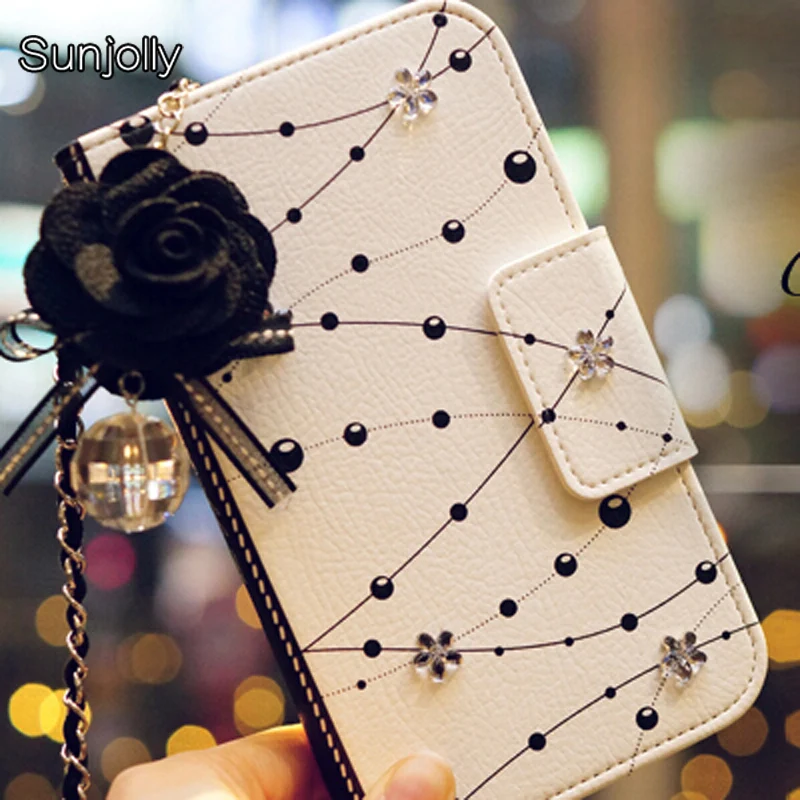 

Chain Crystal Flower Leather Case with Dust plug Rhinestone Flip Card Wallet Cover for Samsung Galaxy S7/ S7 Edge Coque Capa