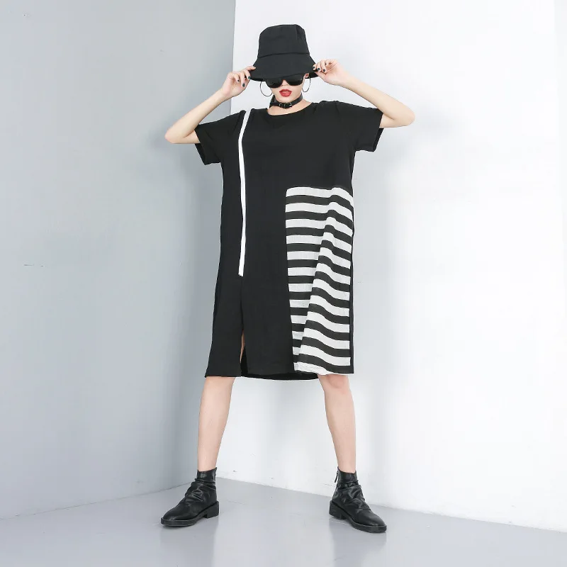 

Women Summer Striped Spliced Short Sleeve Loose Fashion T Shirt Dress Female Streetwear Gothic Oversized O-neck Casual Dresses
