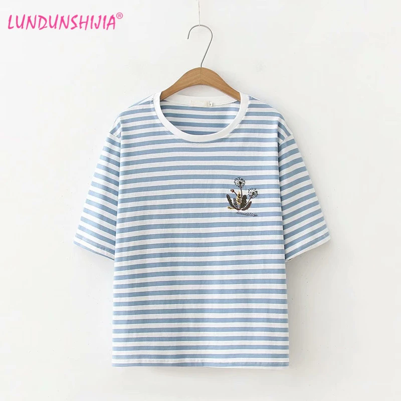 

LUNDUNSHIJ 2018 Summer Women Dandelion Printed Blue Stripe T-shirts Casual Short Sleeve Girl T-Shirts O-neck Loose Tops Tees