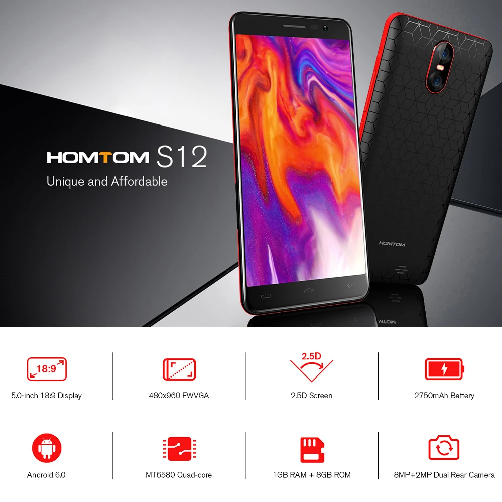 HOMTOM S12 Full Screen Mobile Phone 1GB RAM 8GB ROM 5.0 inch Android 6.0 Quad Core 8MP 2MP Back Dual Camera 3G WCDMA Smartphone