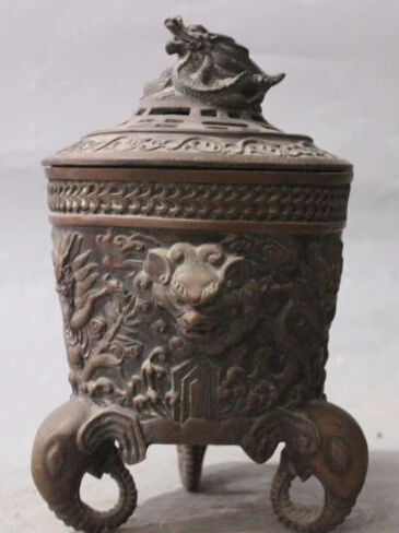 

RHS0185 12" Marked Chinese Bronze Dragon lion Beast Elephant Incense Burner Censer