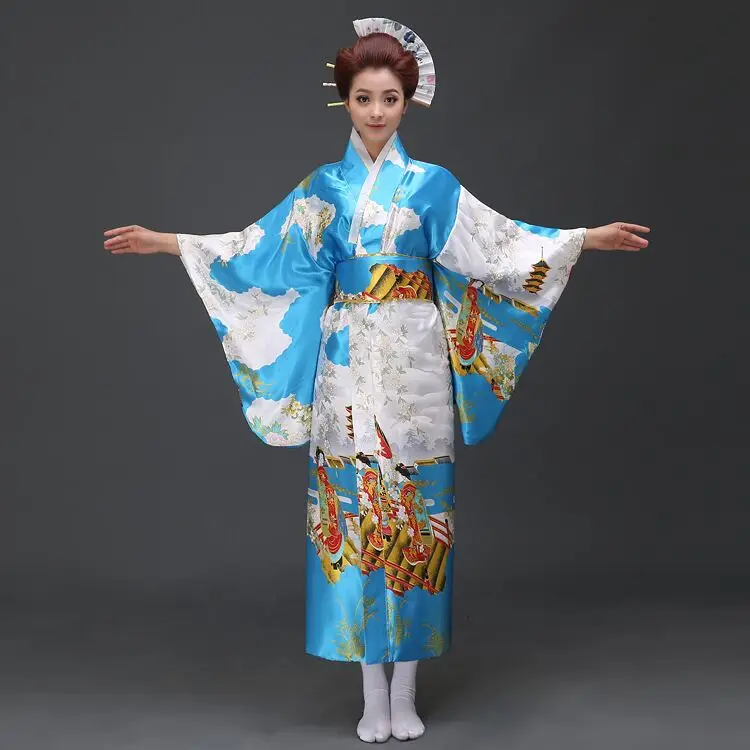 Красный Винтаж японское женское кимоно Банный халат Для женщин искусственная шелковое кимоно-юката с Оби танцевальное платье для выступлений Карнавальная одежда H0029 - Цвет: light blue 2