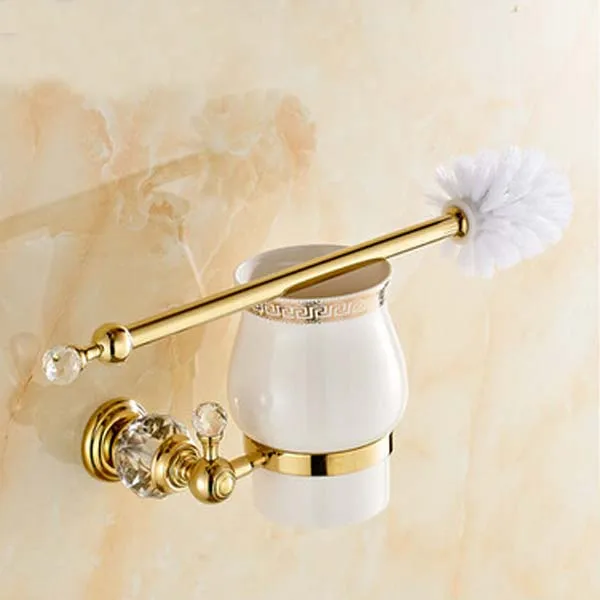 

Crystal Style Holder+ White Ceramic Cup + White Toilet Brush Gold Finish Wall Mounted
