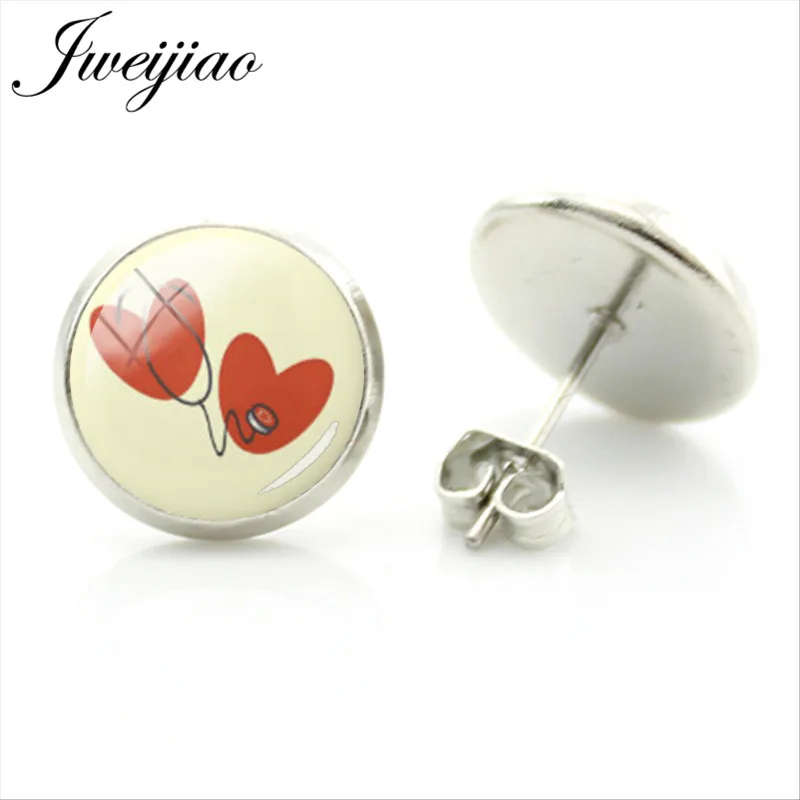 

JWEIJIAO Love Heart Medical Stethoscope Stud Earrings for Women Girl Silver Color Earrings Glass Cabochon Nurse Jewelry SE47