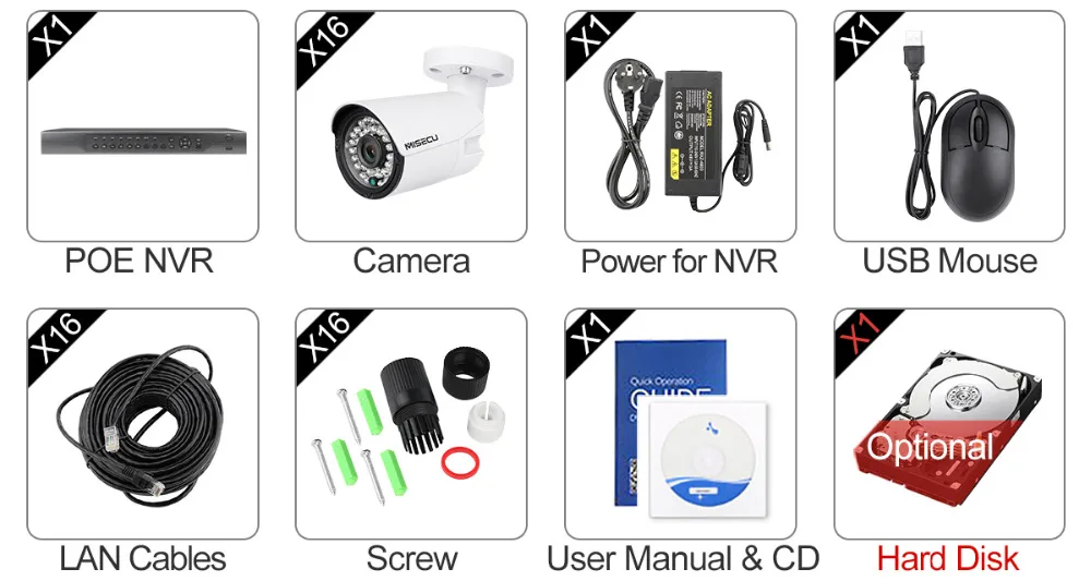 MISECU H.265 16CH 2MP 5MP POE NVR CCTV система безопасности 16 шт. ИК Открытый 1080P Аудио запись P2P комплект наружного видеонаблюдения