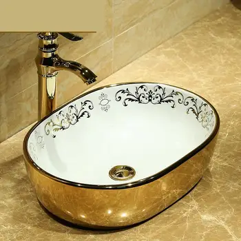 

Oval China Painting gold Ceramic Painting Art Lavabo Bathroom Vessel Sinks Round counter top bathroom sink ceramic wash basin