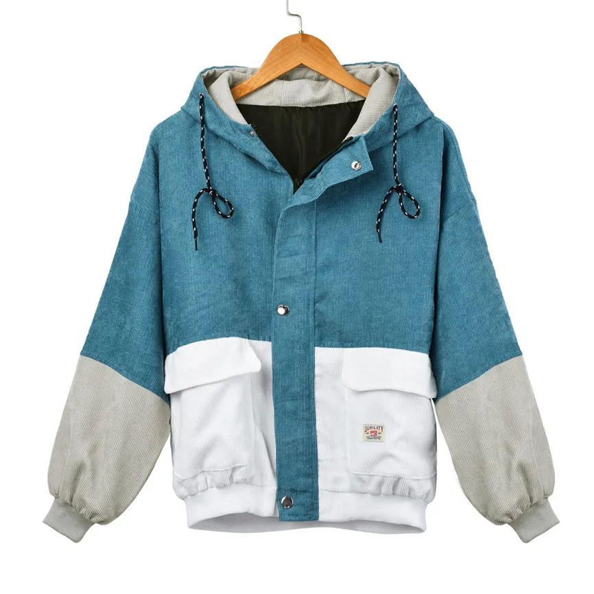 

Woman Jackets Winter 2019 Women's Hooded Jackets Long Sleeve Corduroy Patchwork Oversize Jacket Windbreaker Coat Overcoat