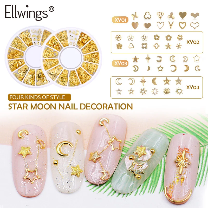 

Ellwings 3D Gold Flower Star Moon Design Rivets Nail Glitter Rhinestones Nail Art with DIY Builder Gel Nail Top Base Coat