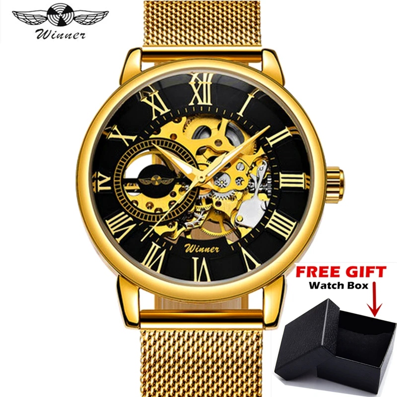 

WINNER Brand Luxury Gold Men Hand-wind Mechanical Watch Mesh Strap Skeleton Hollow Classic Business Wristwatch