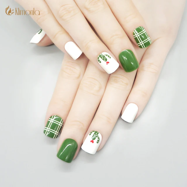 Short Square Nail Tips False Nail Green Cactus Line Fake Nails Pre-design  Manicure Accessories Easy DIY Salon Tools For Ladies _ - AliExpress Mobile