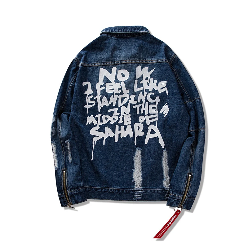 

Sokotoo Men's trendy streetwear jean jacket Letters slogan printed holes ripped denim coat Hip hop loose outerwear