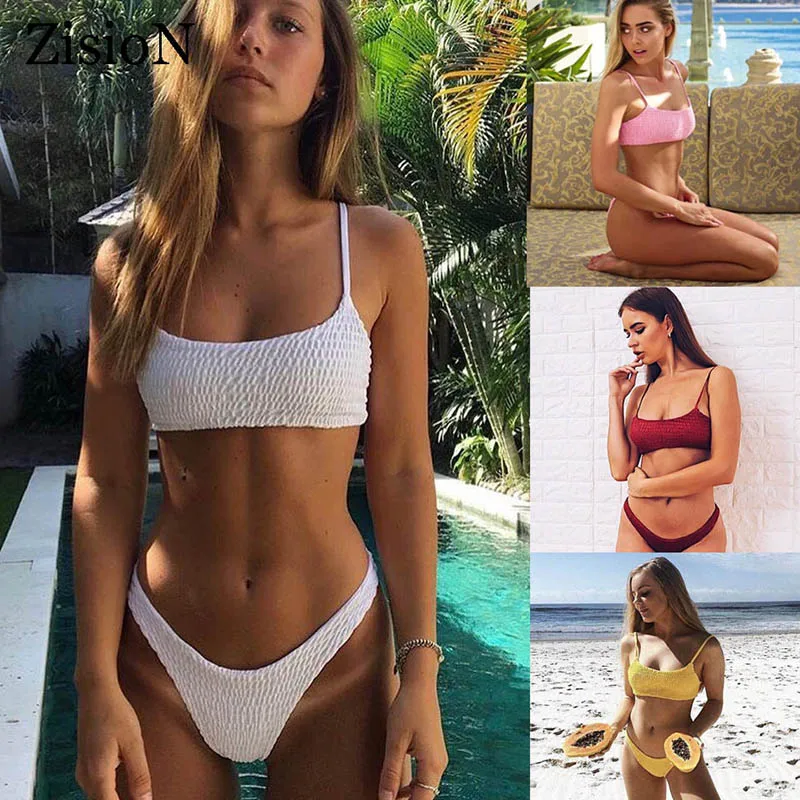 ZisioN 2017 New Crinkle Sexy Brazilian Bikini Women Swimsuit Swimwear Women Bathing Suit Thong bikinis Solid Beach Wear Biquini