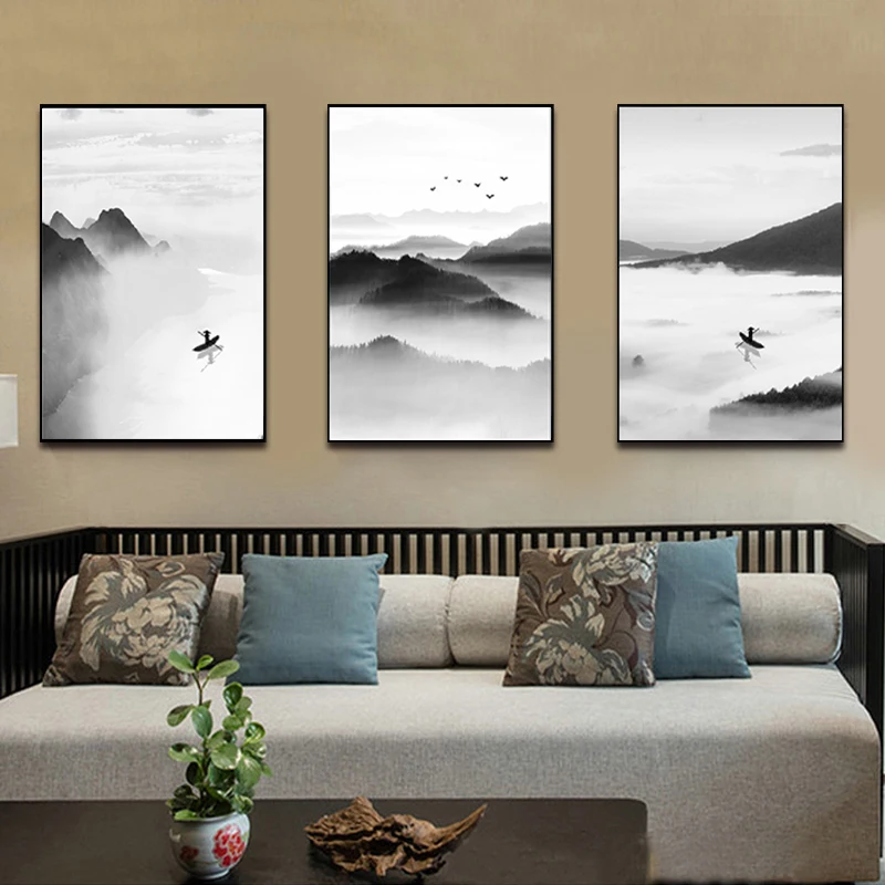 

SURE LIFE 3 Pieces Chinese Beautiful Black and white Landscape Canvas Paintings Wall Art Pictures Posters Living Room Decor