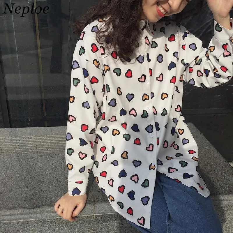 

Neploe Corduroy Women Shirts Colourful Loving Heart Printed Blouse 2019 New Long Sleeve Turn-down Collar Blusas Blouses 38044