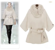 Fashion Runway Style Woolen Jacket with Faux Fur Hood, Three-quarter Sleeve Women Wool Jacket