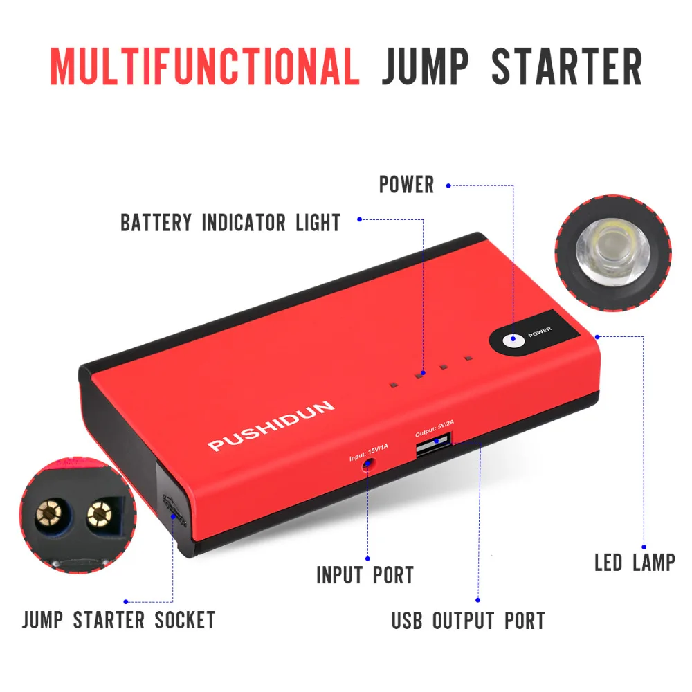 Pushidun jump starter 12V Emergency Power Bank Booster Diesel Petrol